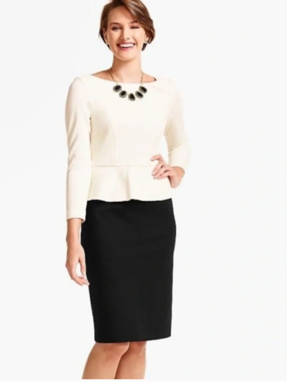 Talbots Size 6 Ponte Sheath Dress with Peplum Cream Ivory Black 3/4 Long Sleeve